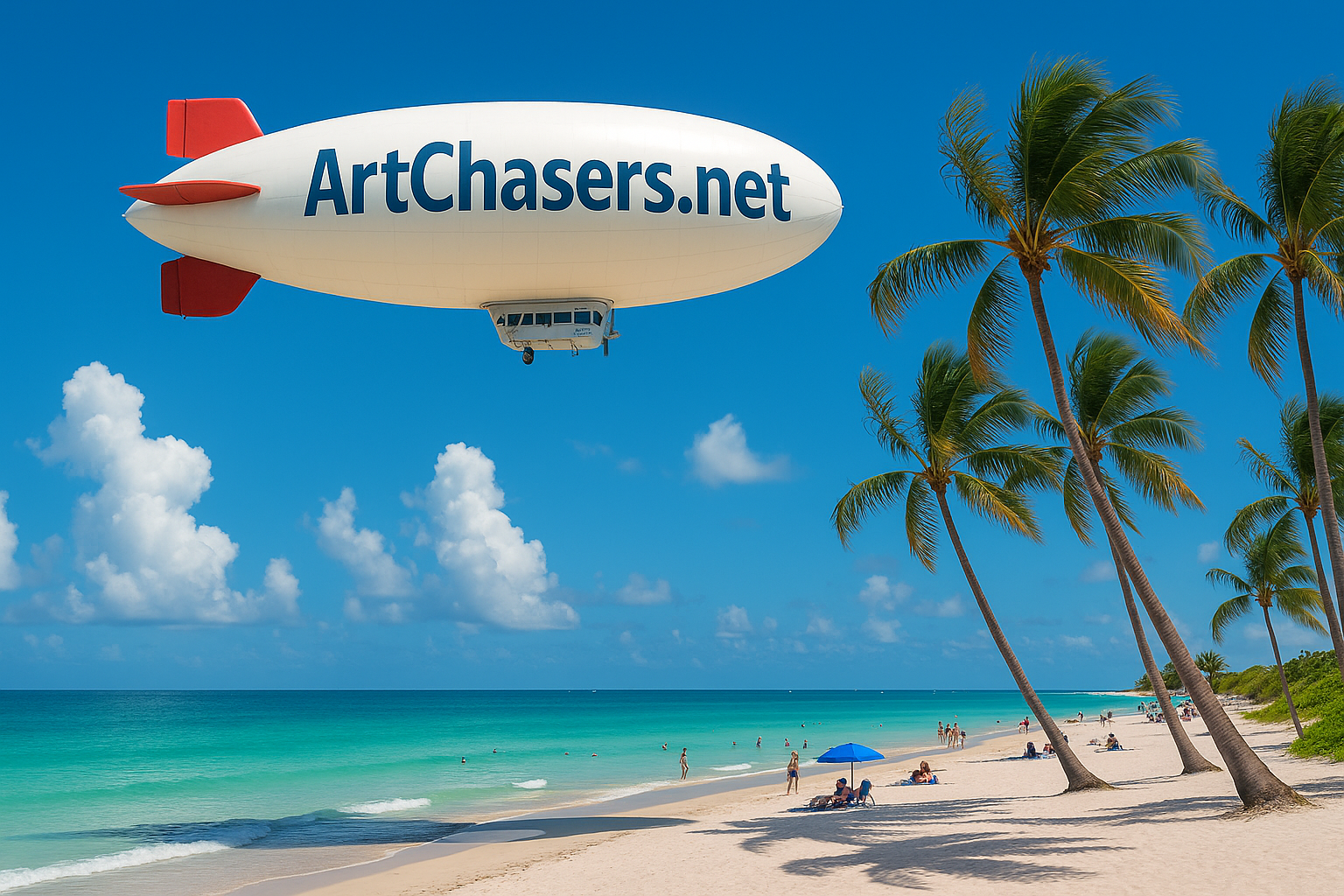 A blimp with the words "ArtChasers.net" over a Florida beach